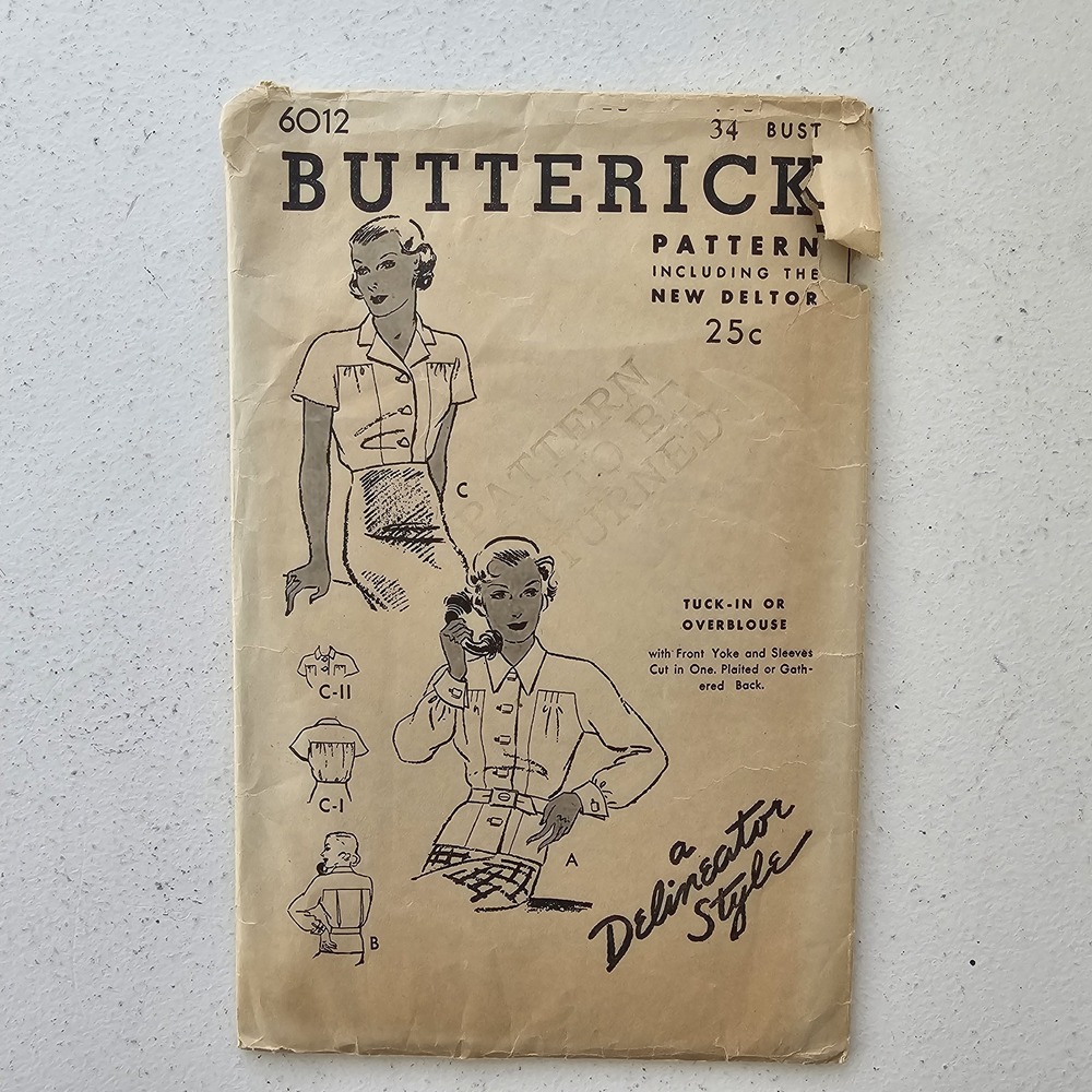 1930s Vintage B34" Butterick 6012 Top Shirt Tuck In Overblouse Sewing Pattern